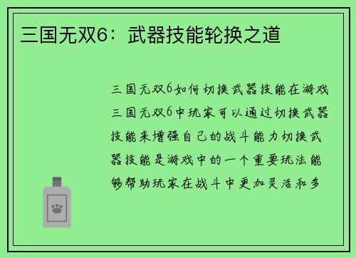 三国无双6：武器技能轮换之道